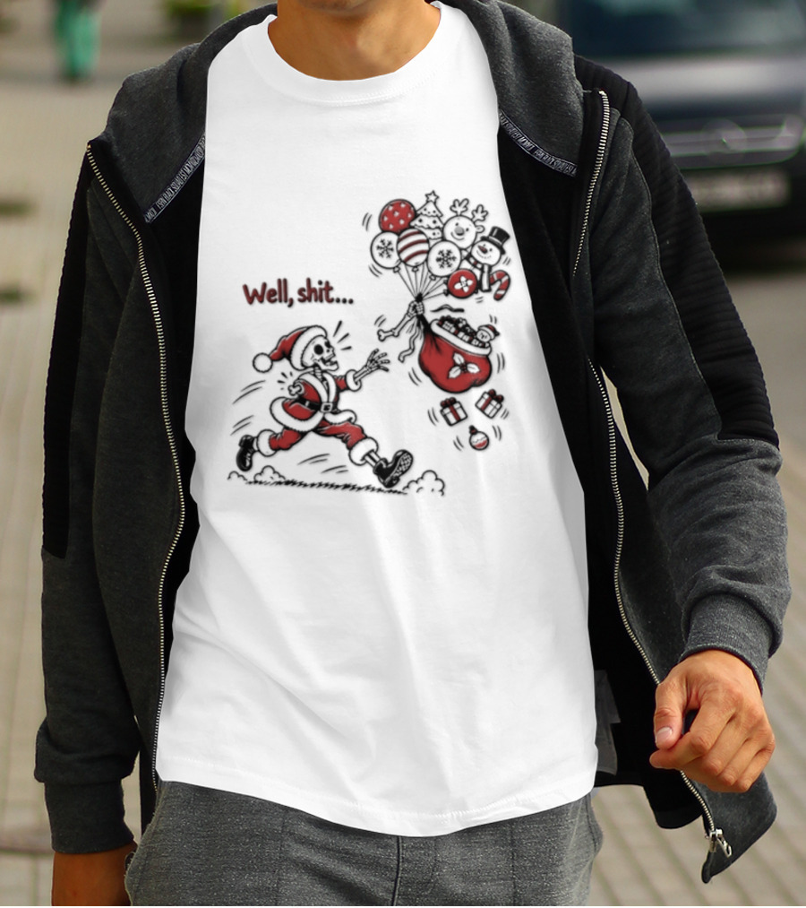 Skeleton Santa Well Shit Christmas Santa Chasing Sweets T-Shirt