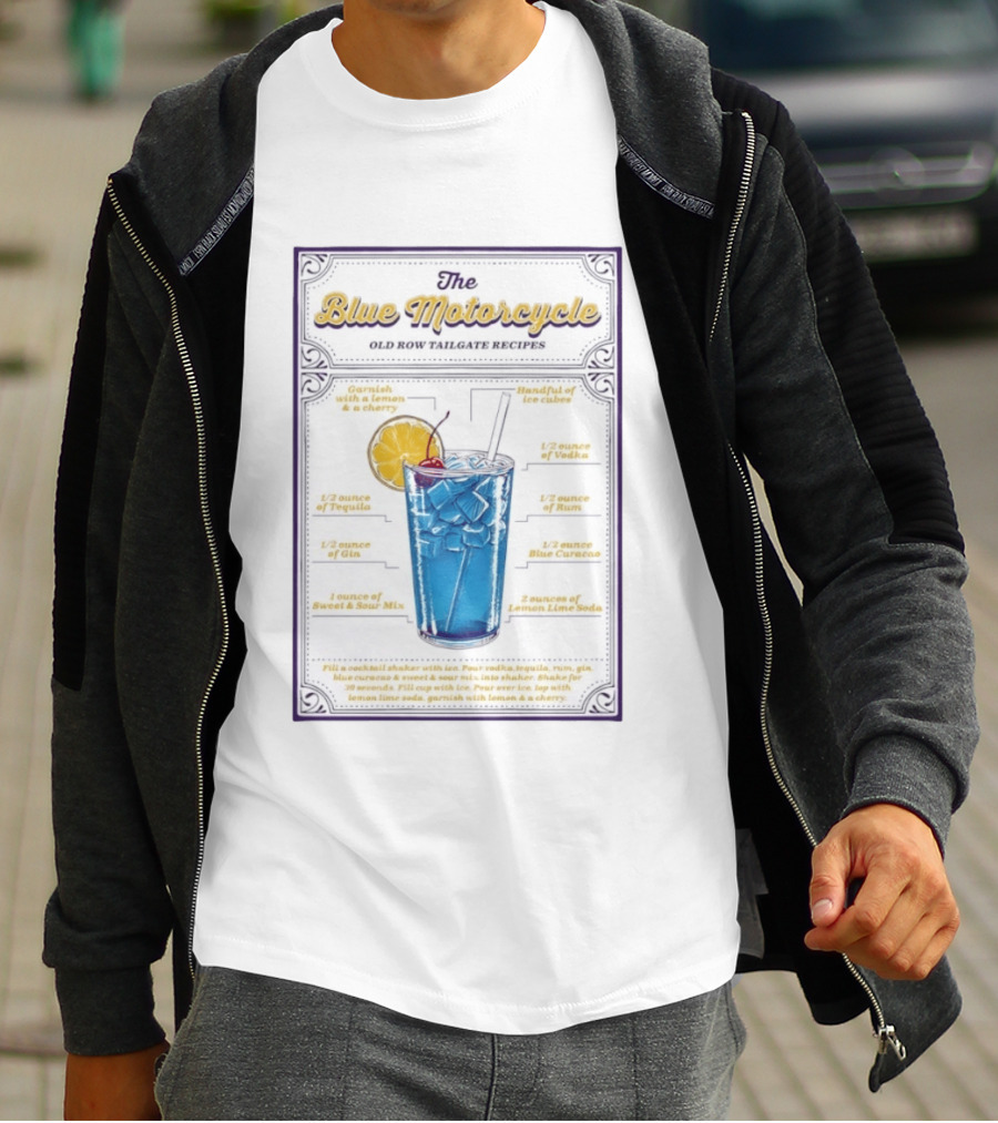 The Blue Motorcycle Old Row Tailgate Cocktail Recipe Guide With Vodka Rum Tequila Gin Blue Curacao Lemon Lime Soda T-Shirt