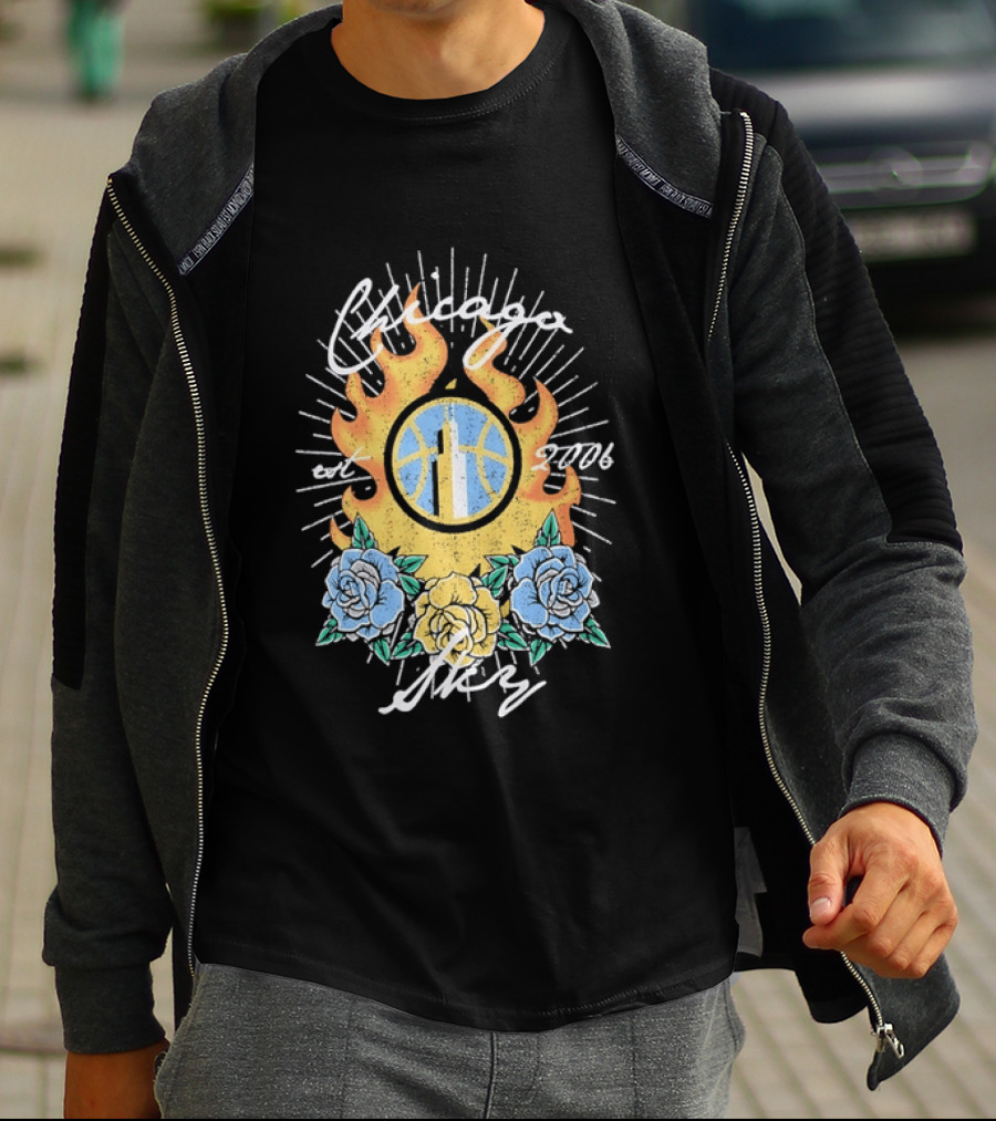Chicago Sky Est 2006 WNBA Distressed Floral Basketball Flame T-Shirt