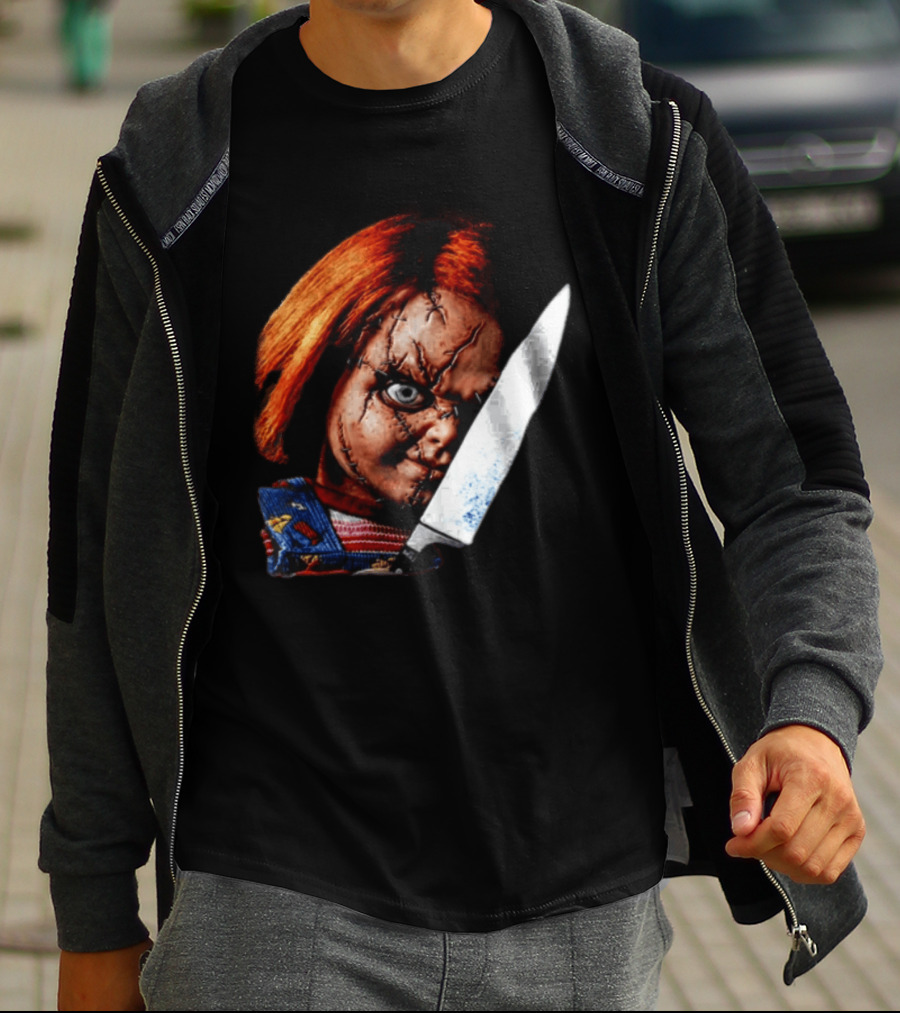 Chucky Child's Play Stitched Doll Knife Horror Movie Character 2 Sided T-Shirt