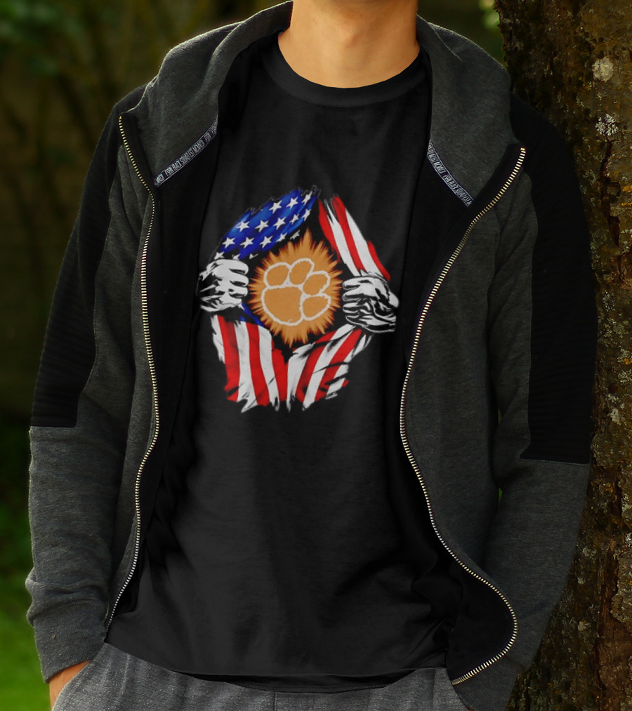 Clemson Tigers Paw Print Ripped American Flag T-Shirt