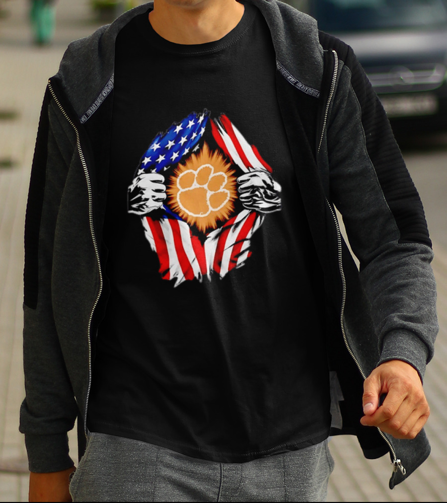Clemson Tigers Paw Print Ripped American Flag T-Shirt