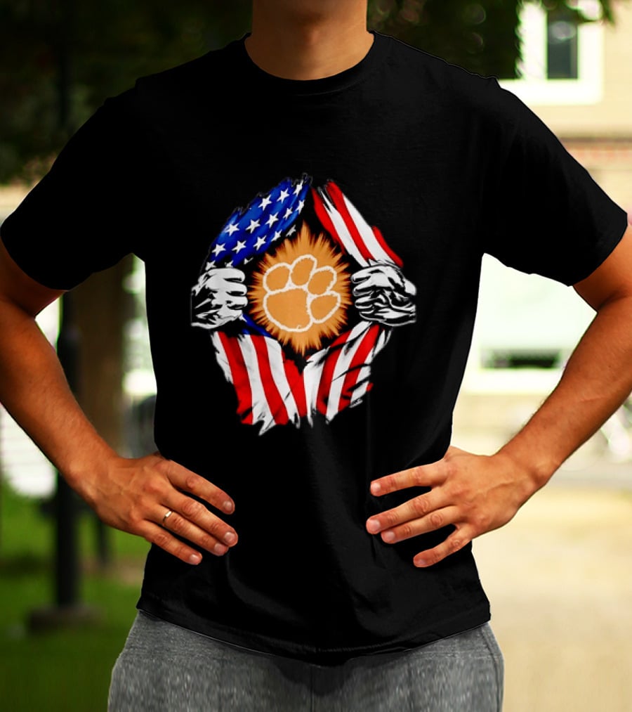 Clemson Tigers Paw Print Ripped American Flag T-Shirt