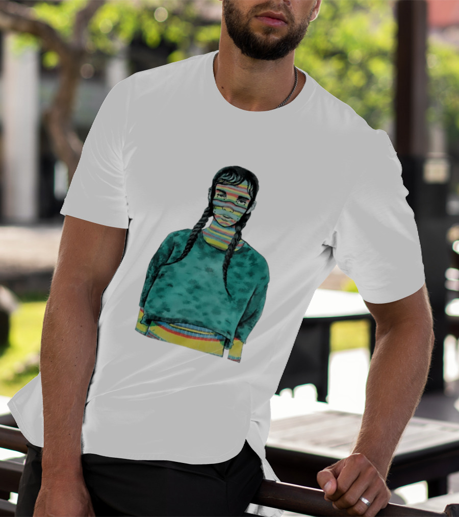 Girl With Braids Colorful Striped Face And Green Sweater T-Shirt