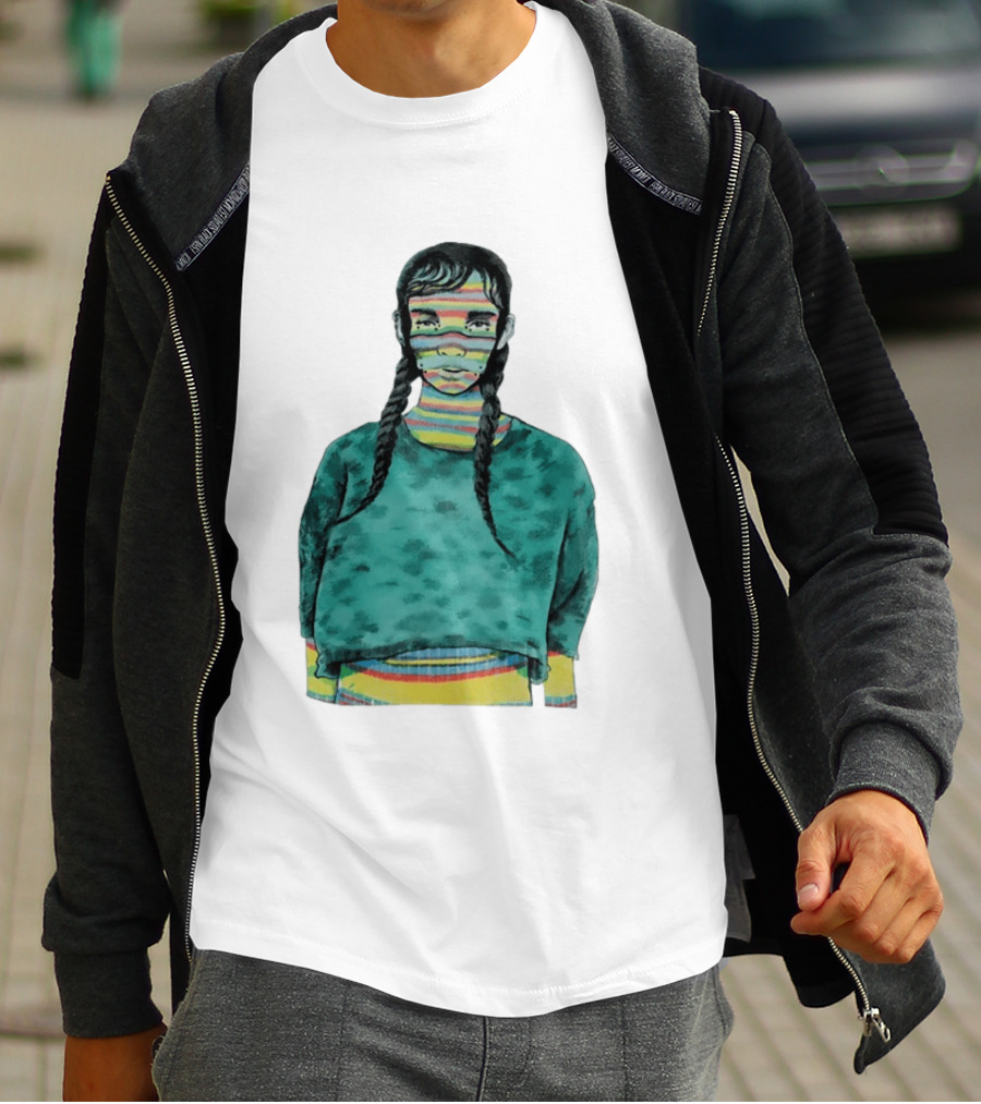 Girl With Braids Colorful Striped Face And Green Sweater T-Shirt
