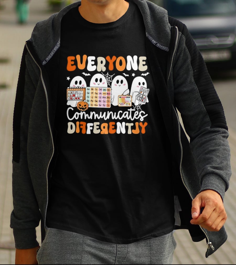 Everyone Communicates Differently Halloween Ghosts AAC Awareness T-Shirt