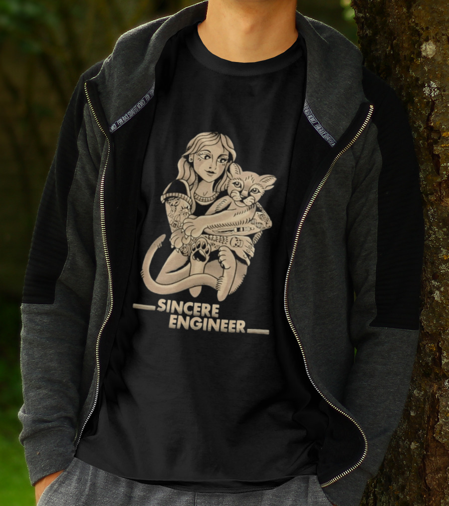 Tattooed Woman Hugging Cat Sincere Engineer T-Shirt