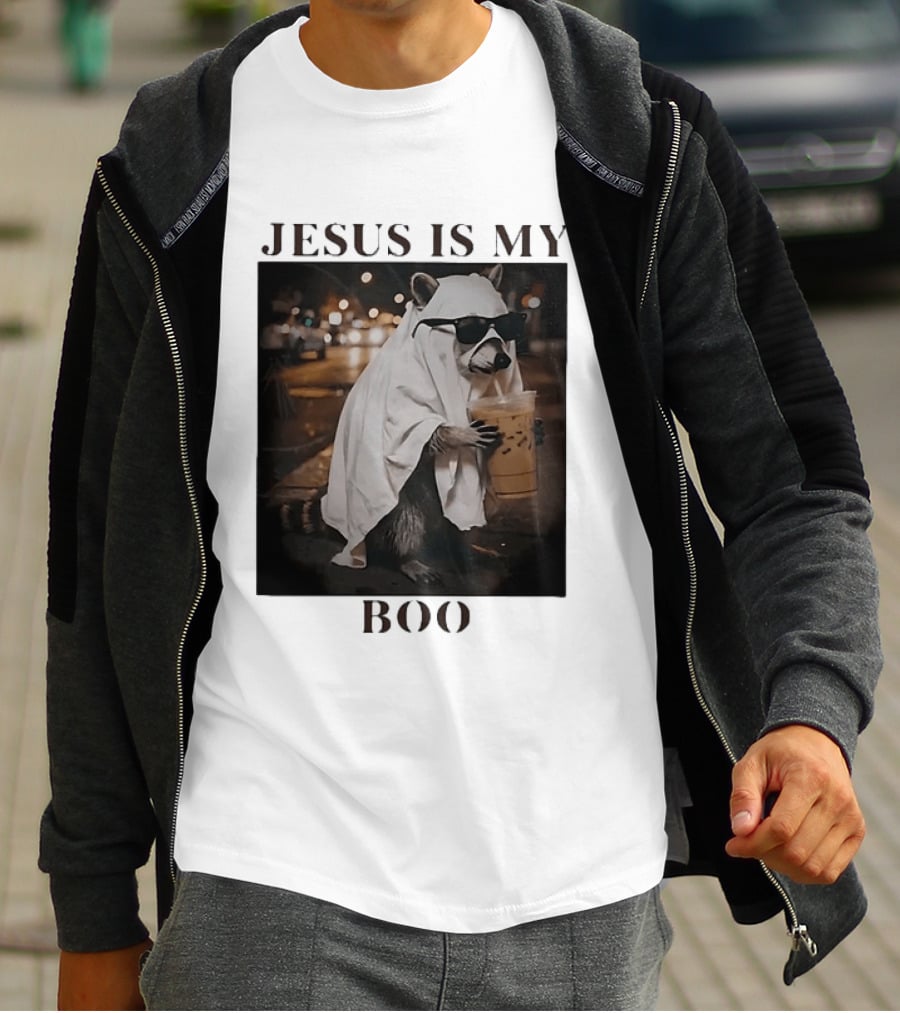 Jesus Is My Boo Raccoon With Iced Coffee And Sunglasses T-Shirt