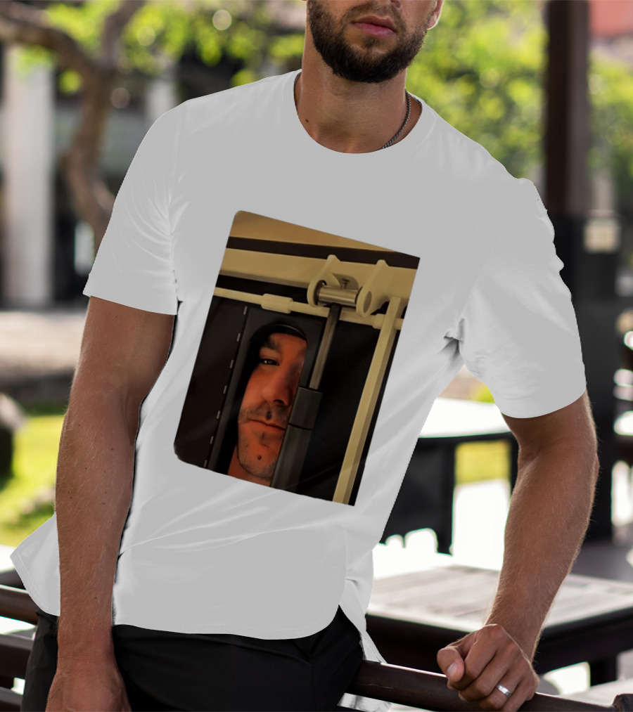 Man Peeking Through Door Face Hidden Observation Doorway T-Shirt