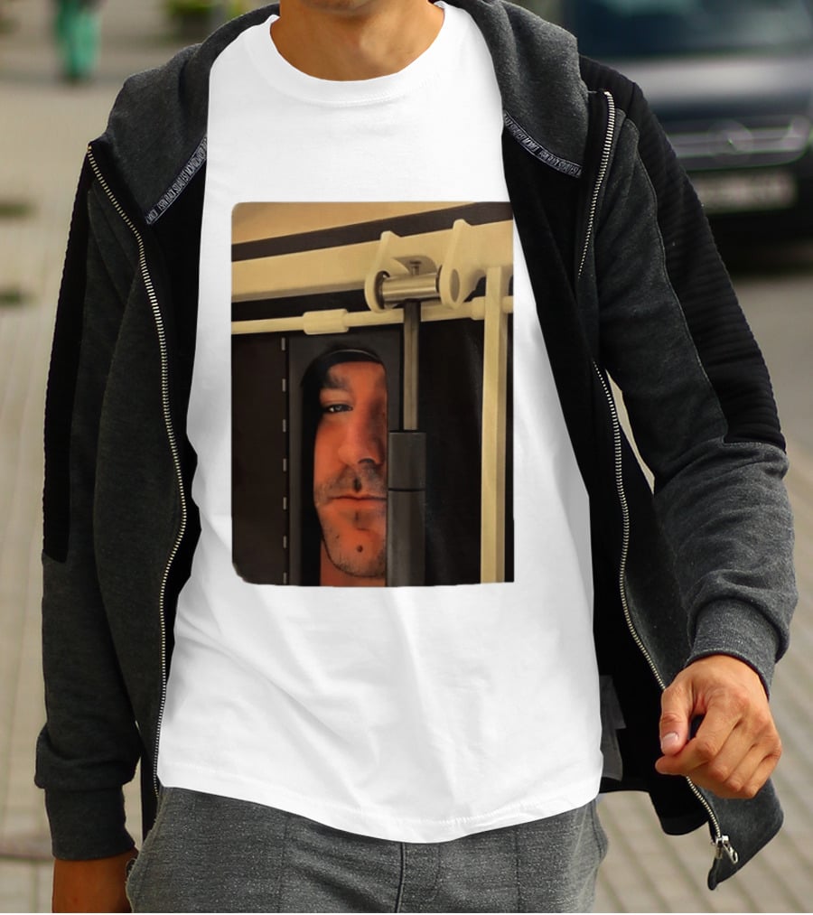 Man Peeking Through Door Face Hidden Observation Doorway T-Shirt