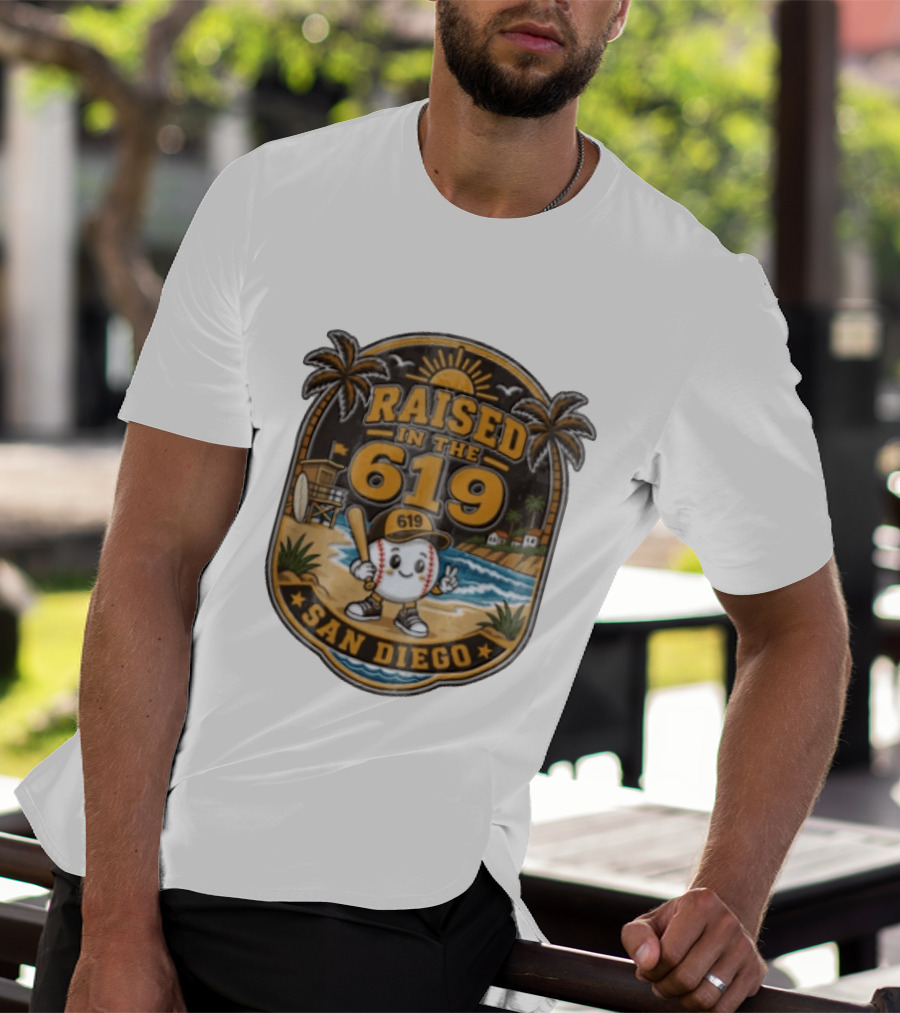 Raised In The 619 Baseball Character San Diego Beach Sunset Palm Trees T-Shirt