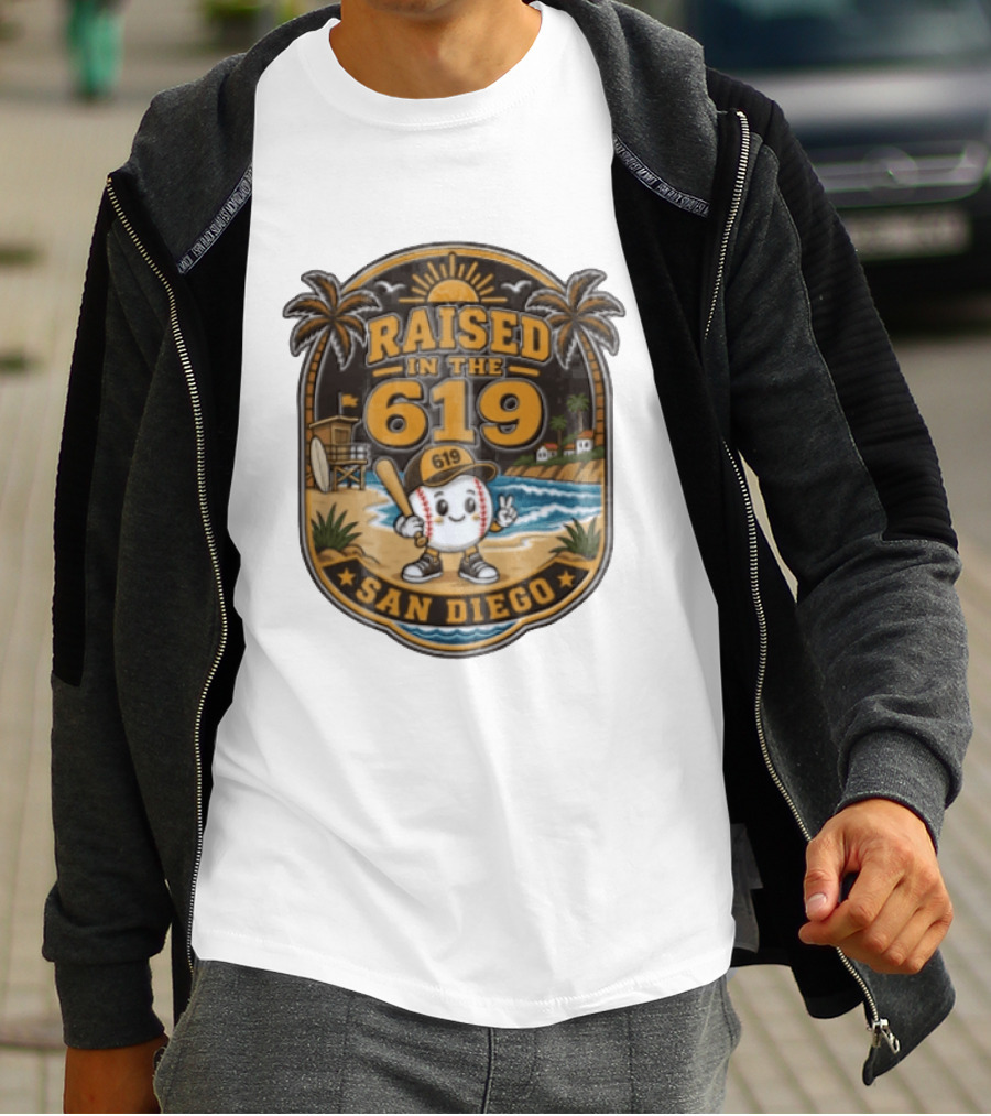 Raised In The 619 Baseball Character San Diego Beach Sunset Palm Trees T-Shirt