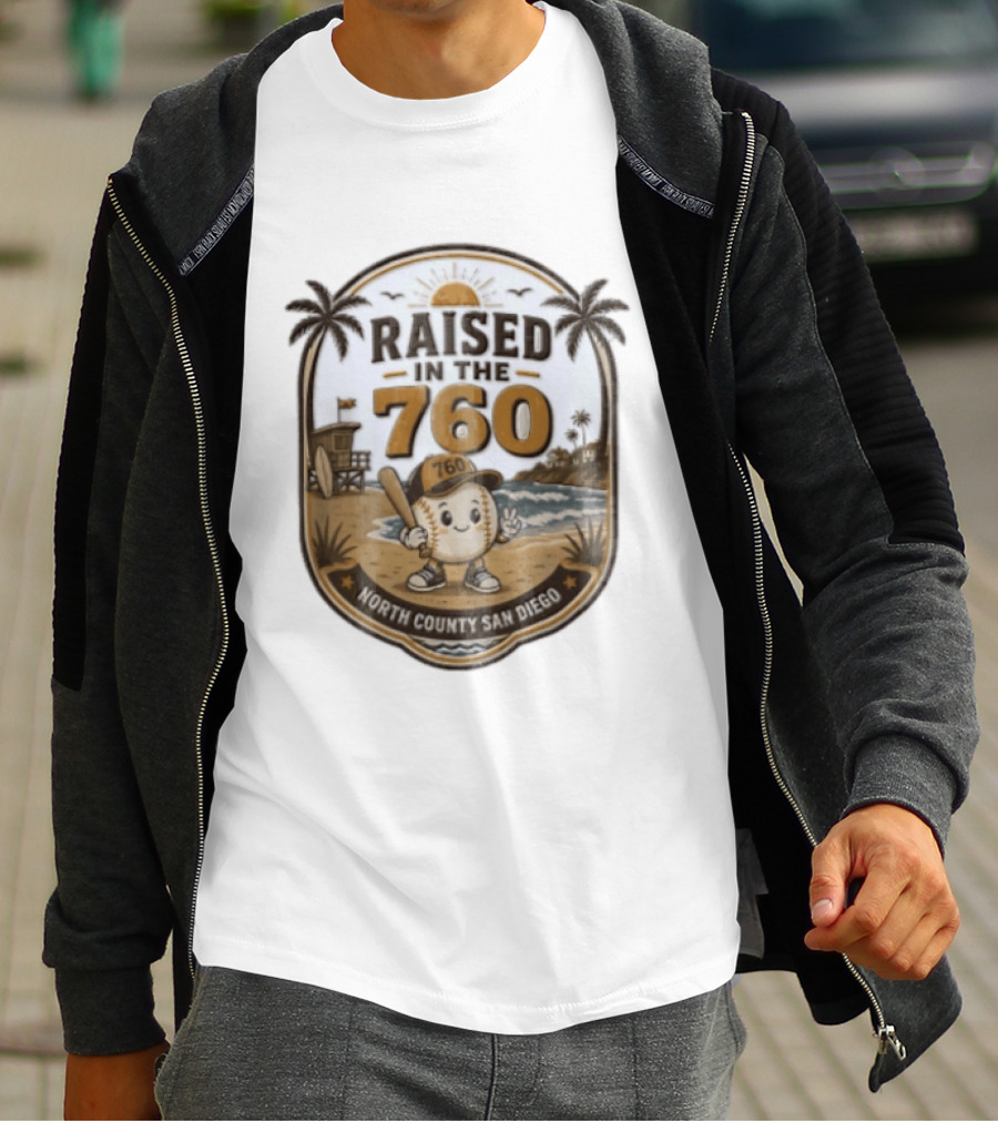 Raised In The 760 North County San Diego Beach Baseball Palms Waves Lifeguard Tower T-Shirt