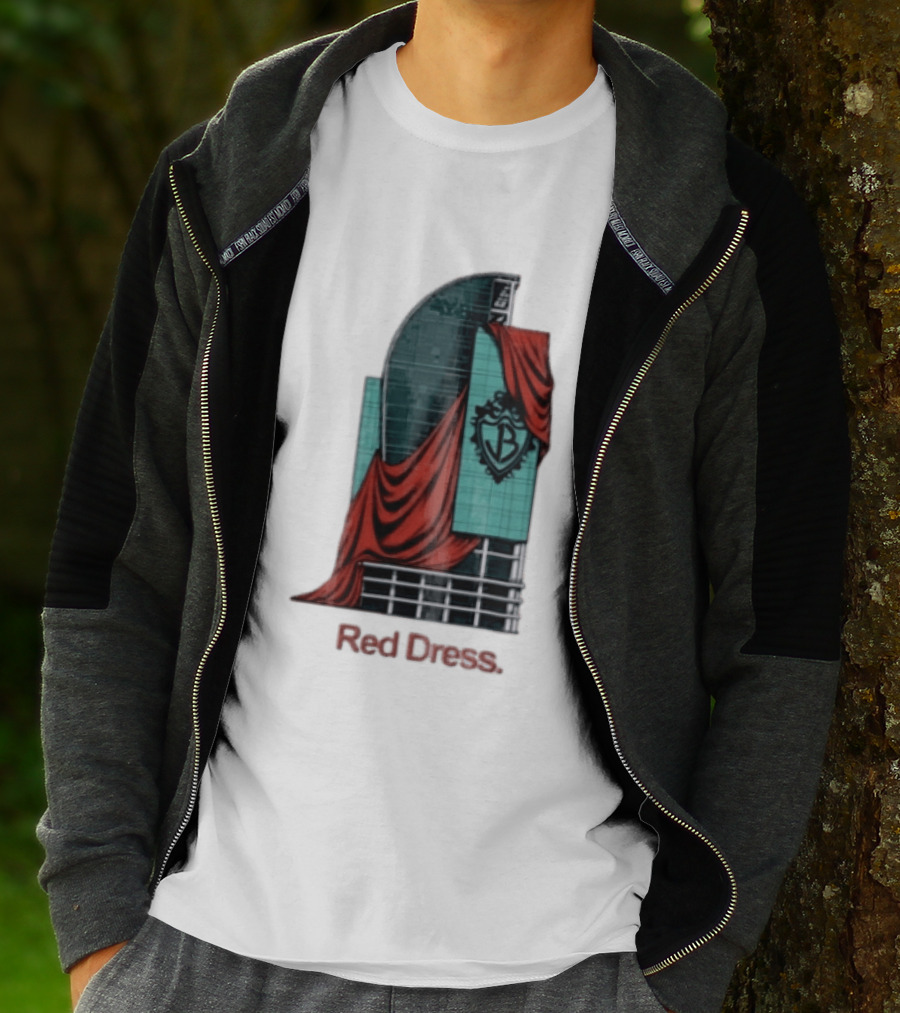 Red Dress Red Drapes Over Modern Skyscraper With Shield T-Shirt