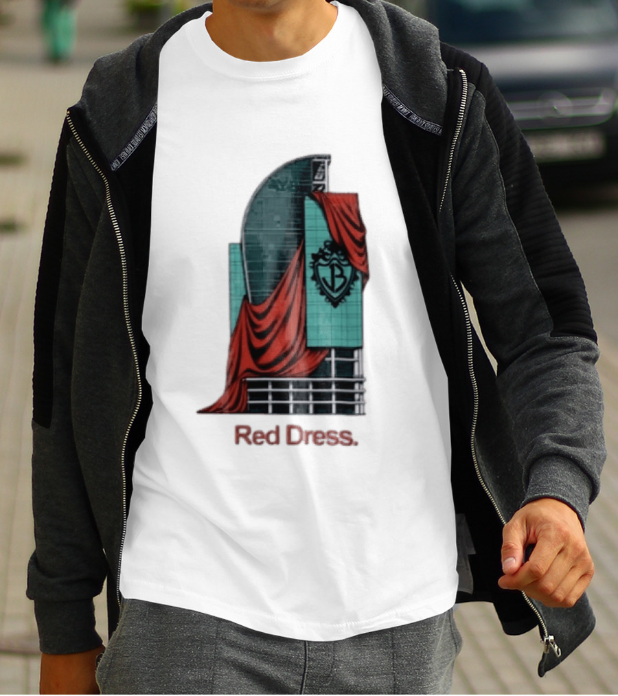 Red Dress Red Drapes Over Modern Skyscraper With Shield T-Shirt