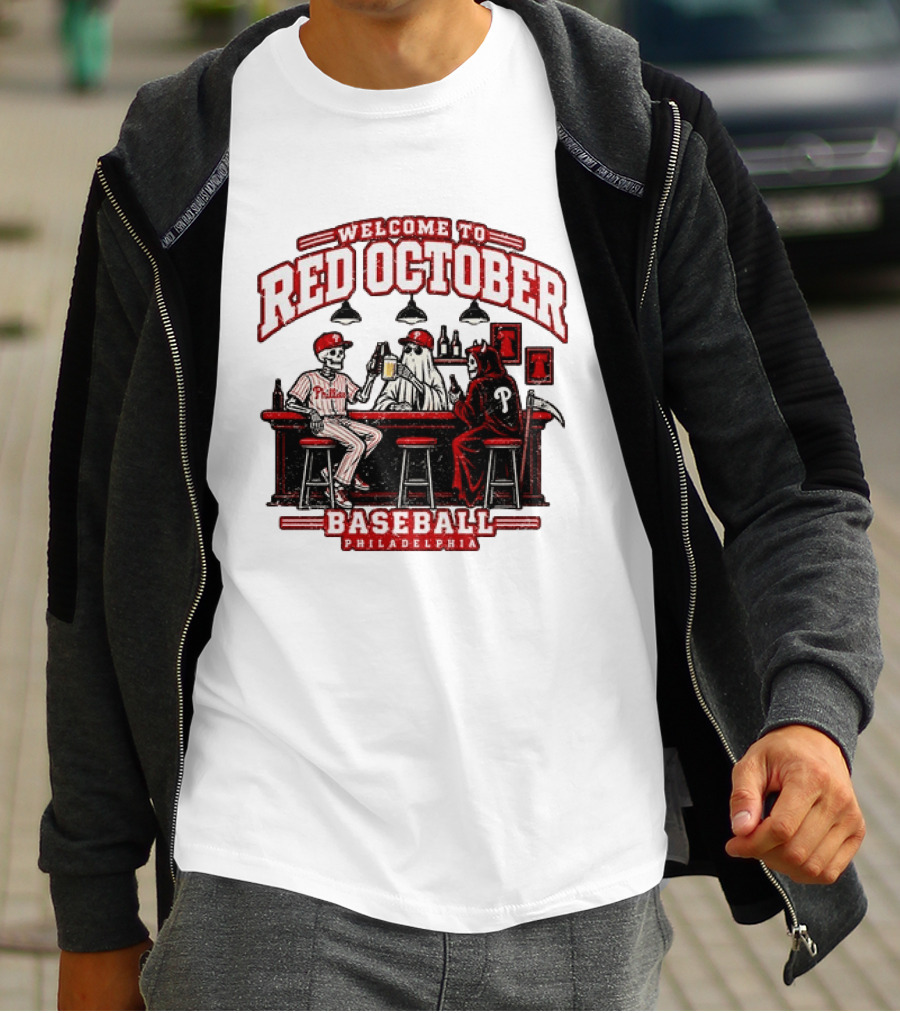 Welcome To Red October Baseball Philadelphia Halloween Skeletons And Ghost At Bar T-Shirt