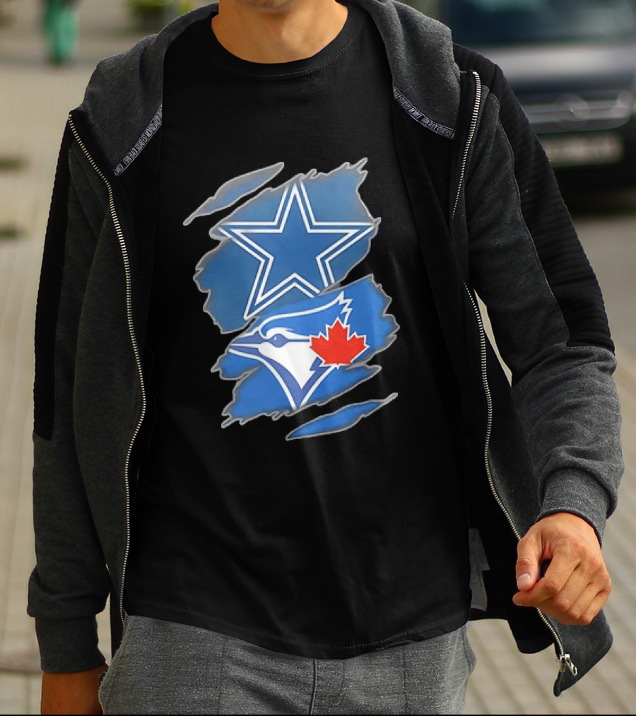 Dallas Cowboys Star And Toronto Blue Jays Jay With Maple Leaf Ripped T-Shirt