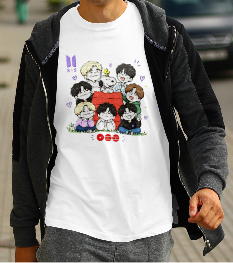 Snoopy Woodstock Peanuts BTS Members Cartoon Illustration Collaboration T-Shirt