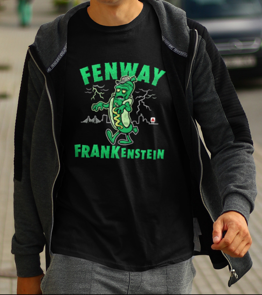 Fenway Frankenstein Halloween Zombie Monster With Lightning And Spooky Skyline T-Shirt