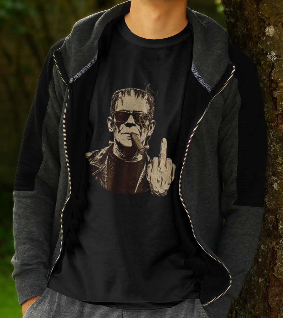 Frankenstein Cigar Middle Finger Smoking Horror Halloween T-Shirt
