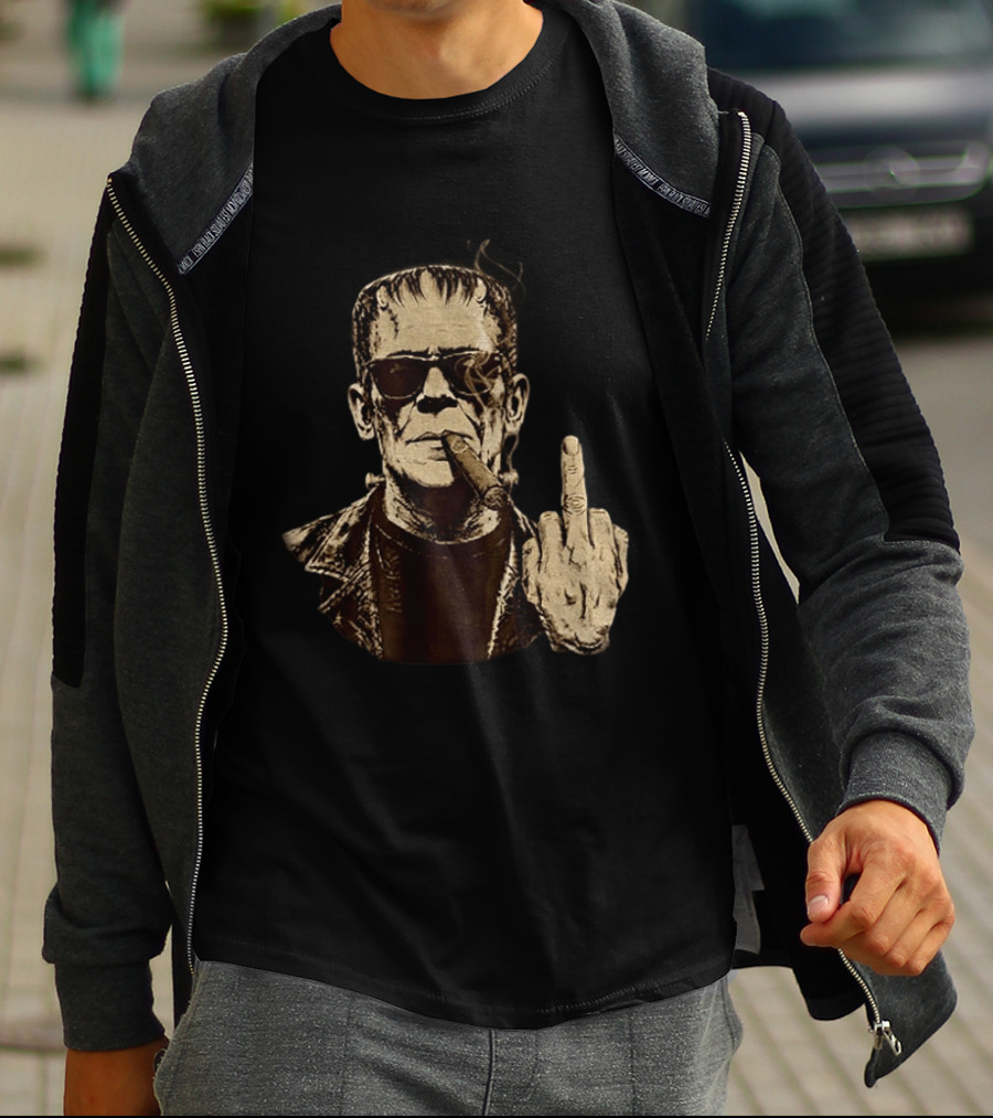Frankenstein Cigar Middle Finger Smoking Horror Halloween T-Shirt