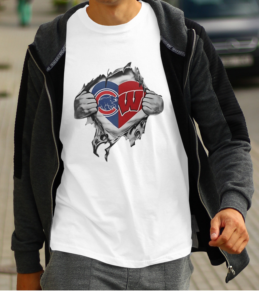 Chicago Cubs And Wisconsin Badgers Heart Rip T-Shirt