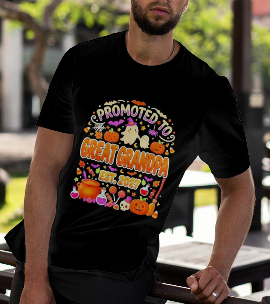Promoted To Great Grandpa Halloween Pumpkin Est 2027 Ghosts Bats Cauldron T-Shirt