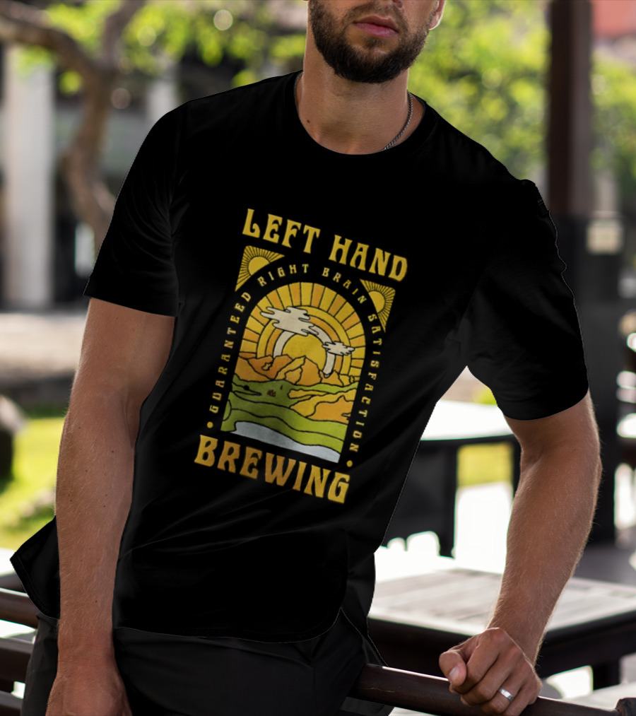 Left Hand Brewing Guaranteed Right Brain Satisfaction Sunburst River Landscape T-Shirt