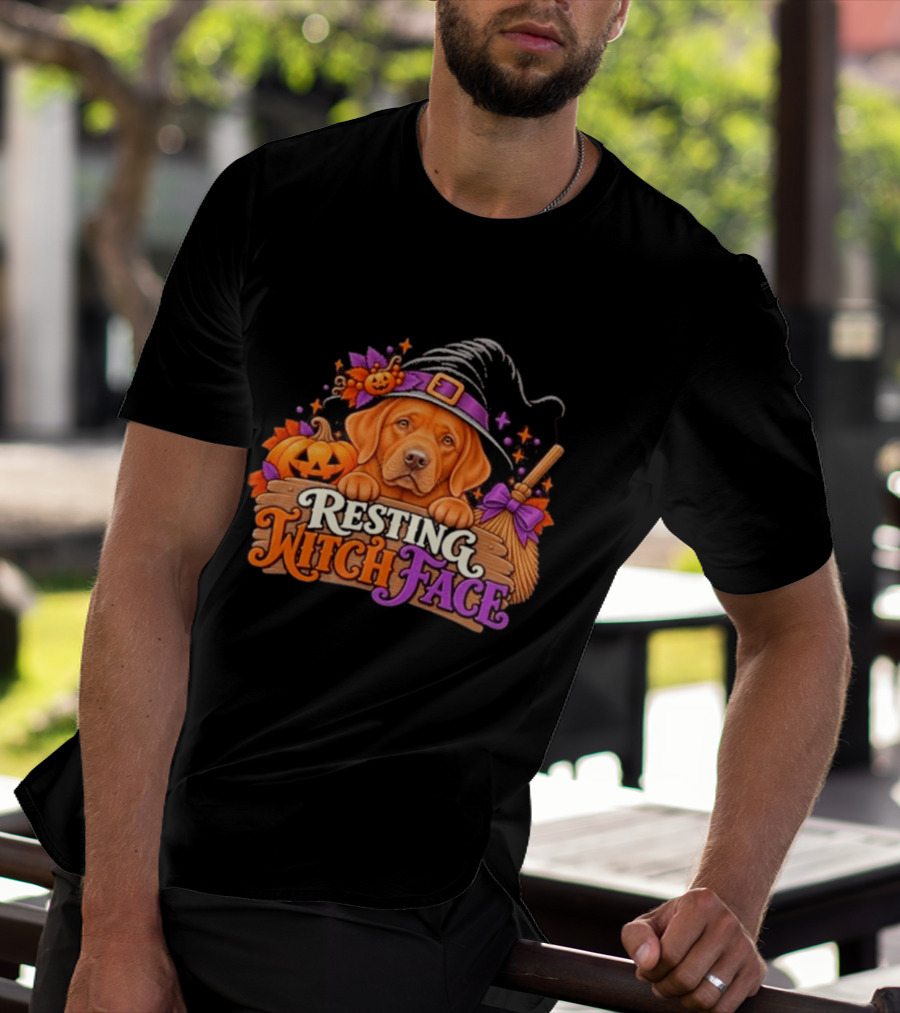 Resting Witch Face Dog Witch Hat Pumpkin Broom Halloween T-Shirt