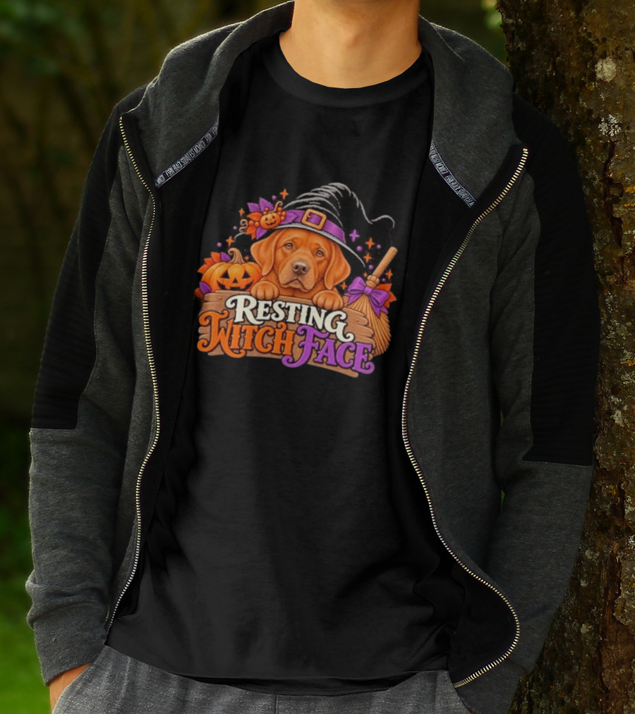Resting Witch Face Dog Witch Hat Pumpkin Broom Halloween T-Shirt