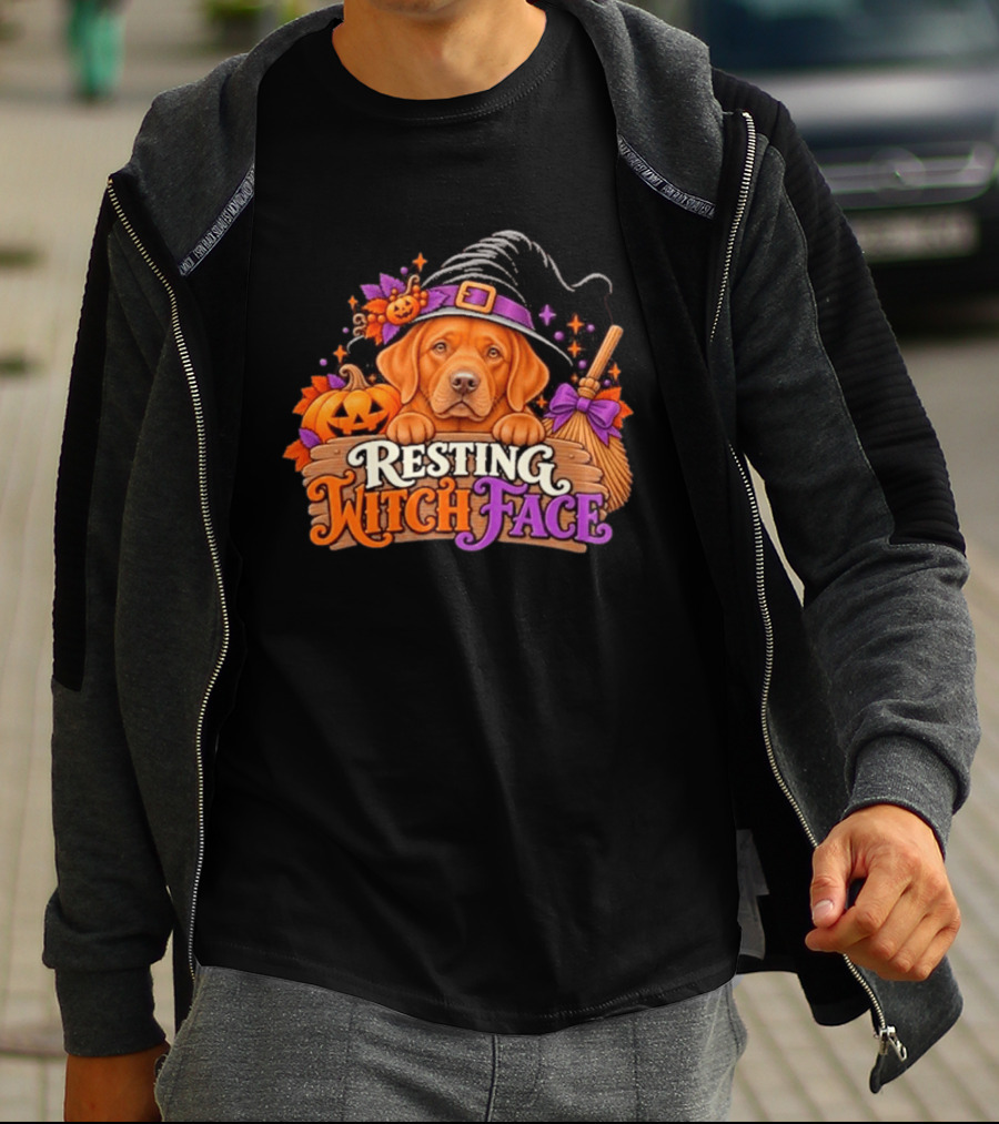 Resting Witch Face Dog Witch Hat Pumpkin Broom Halloween T-Shirt