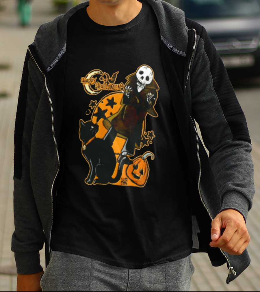 Happy Halloween Skeleton With Black Cat And Pumpkin T-Shirt