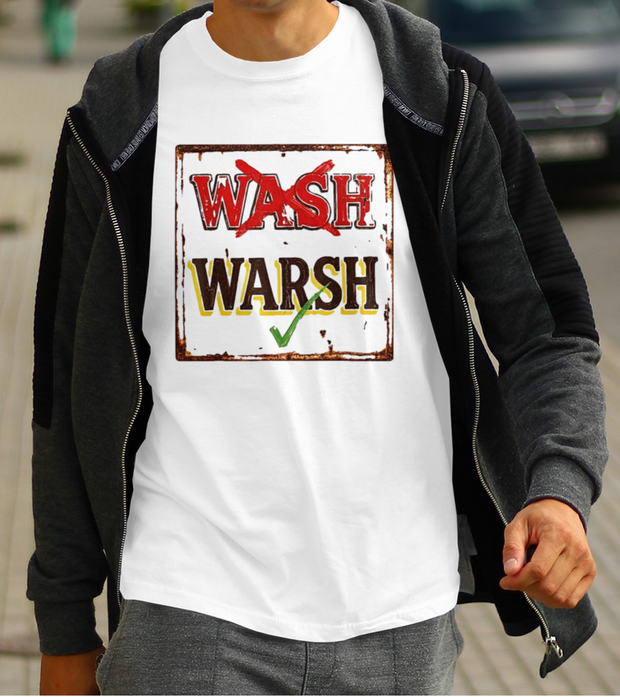 Distressed Regional Dialect Sign Wash Warsh Check Mark T-Shirt