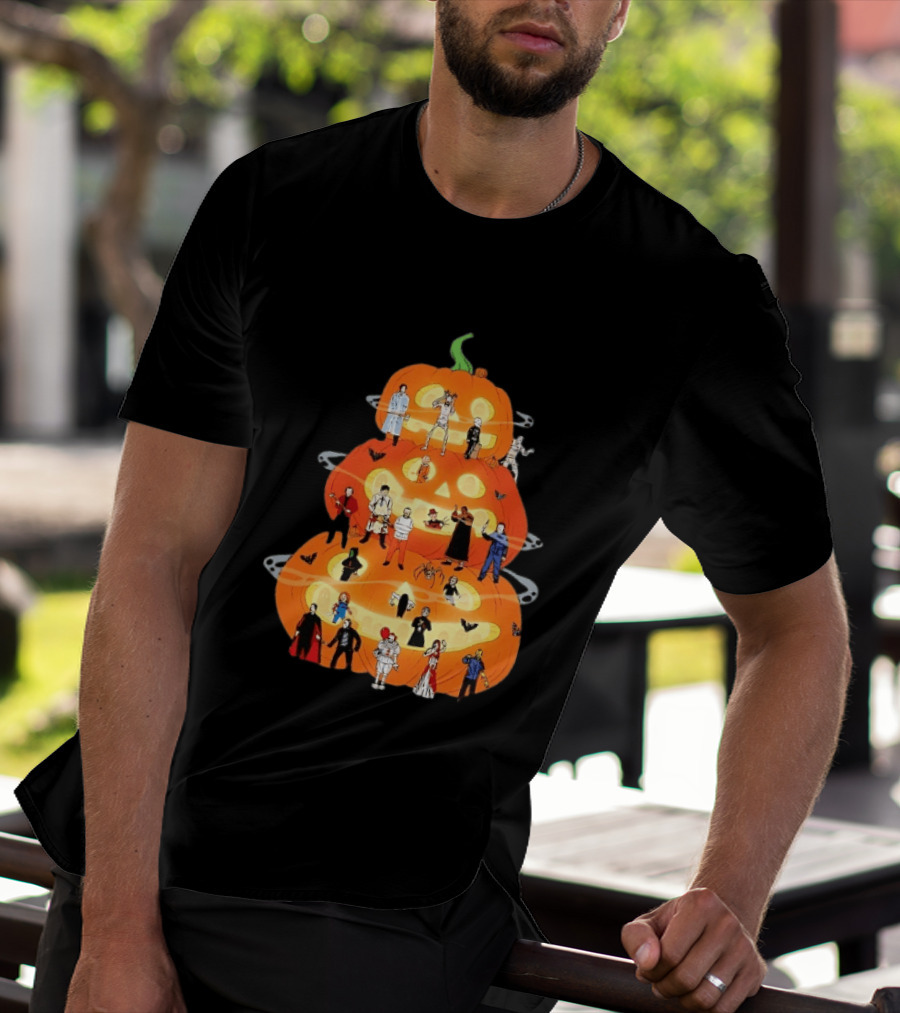 Horror Movie Icons Halloween Pumpkin Stack Villains T-Shirt