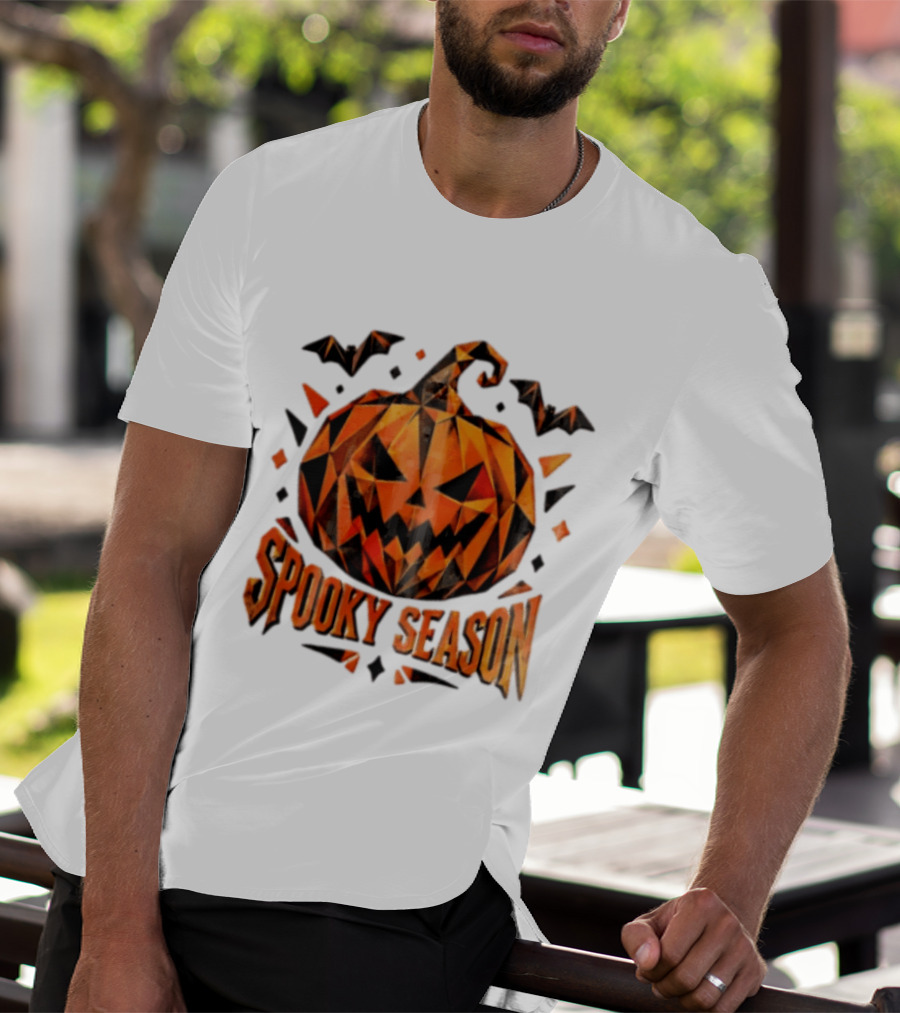 Spooky Season Geometric Pumpkin Halloween Bats T-Shirt