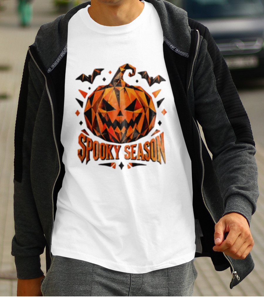 Spooky Season Geometric Pumpkin Halloween Bats T-Shirt