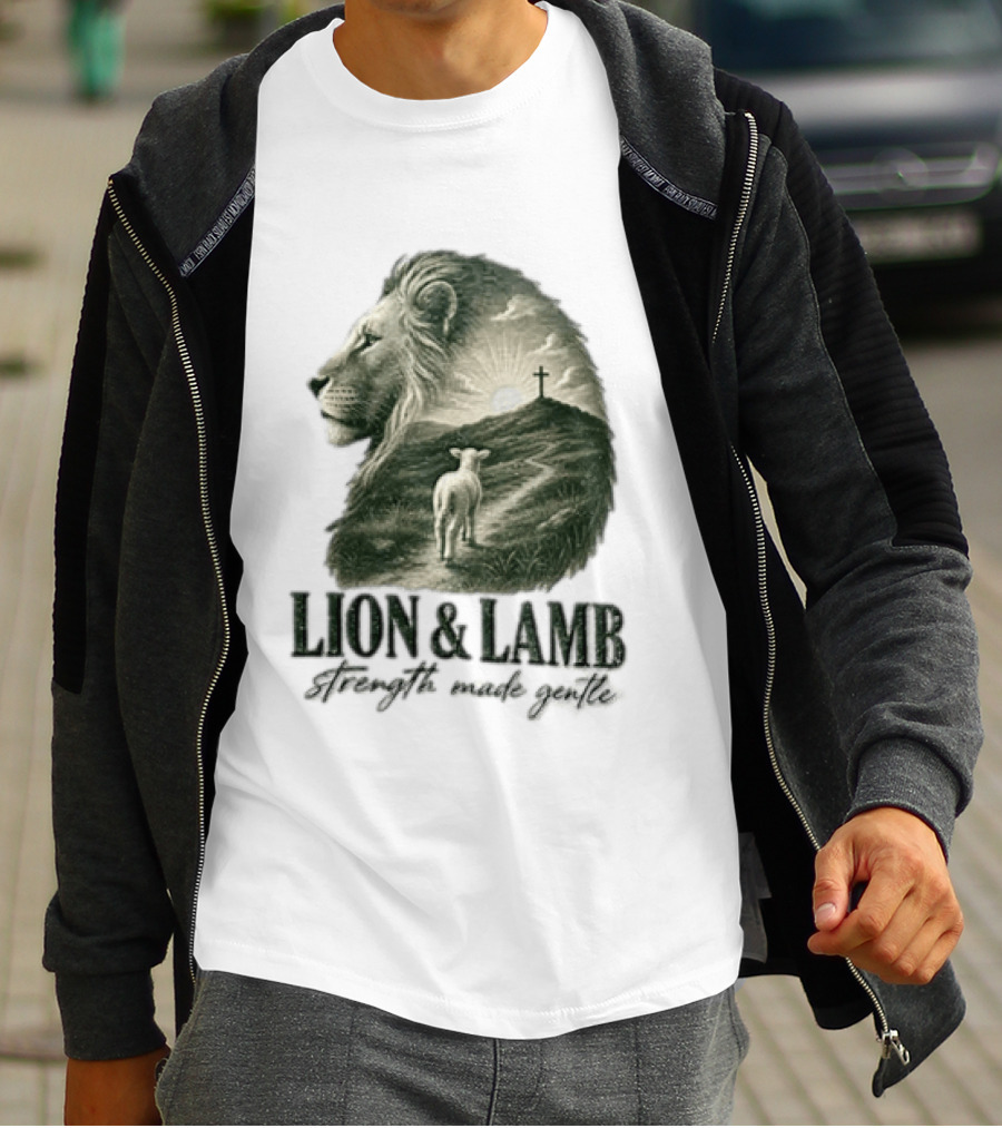 Lion And Lamb Strength Made Gentle Jesus Christ Cross Calvary Christian Faith T-Shirt