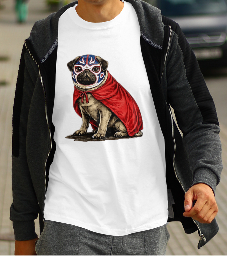 Lucha Libre Pug Red Cape Mexican Wrestling Dog Mask T-Shirt