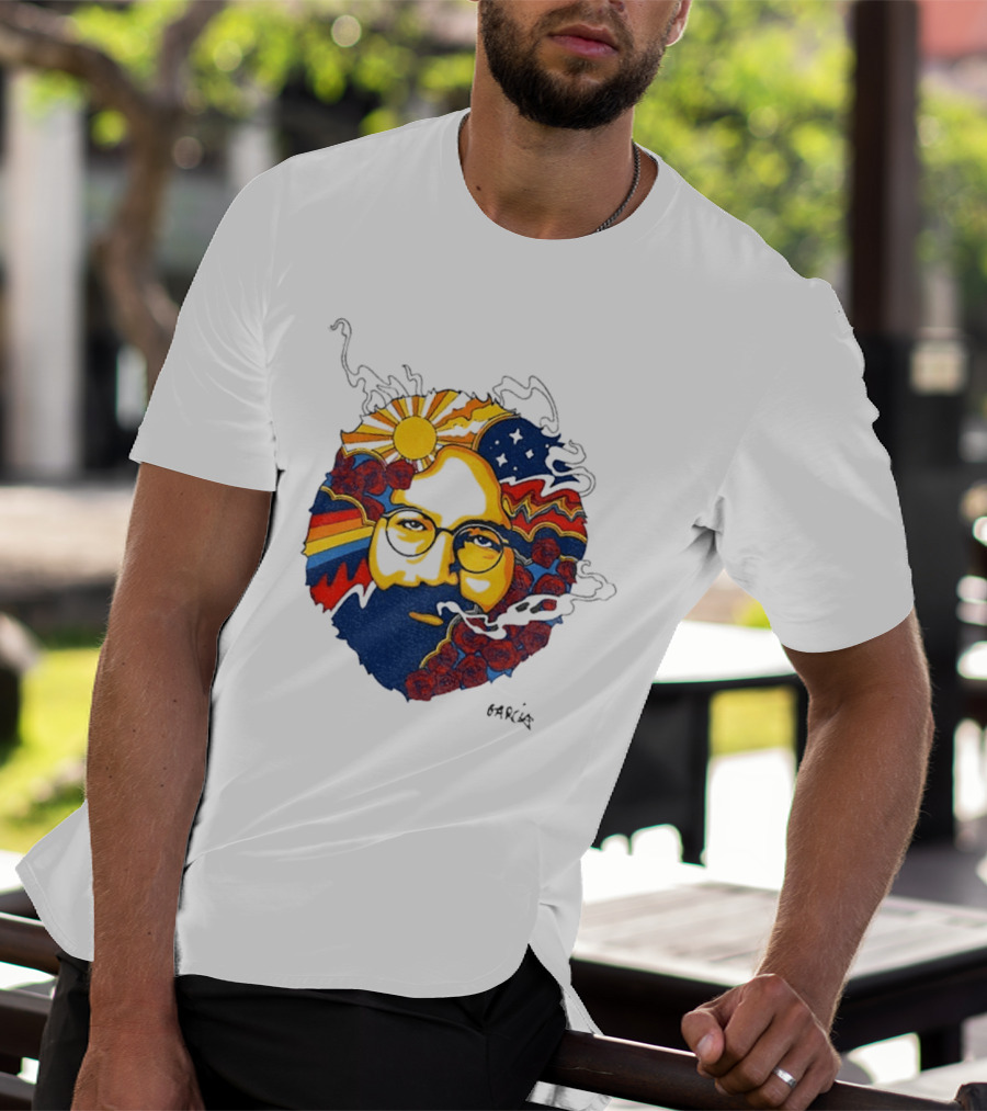 Psychedelic Jerry Garcia Face Sun Waves Stars Roses T-Shirt
