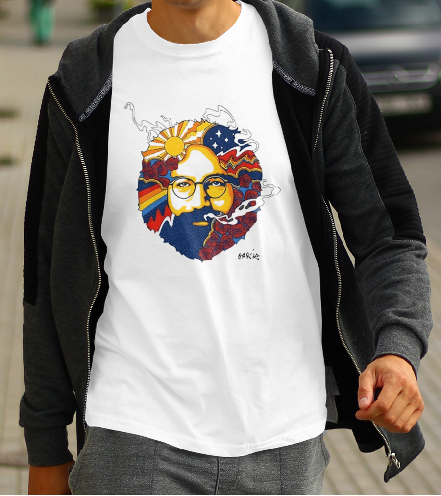 Psychedelic Jerry Garcia Face Sun Waves Stars Roses T-Shirt