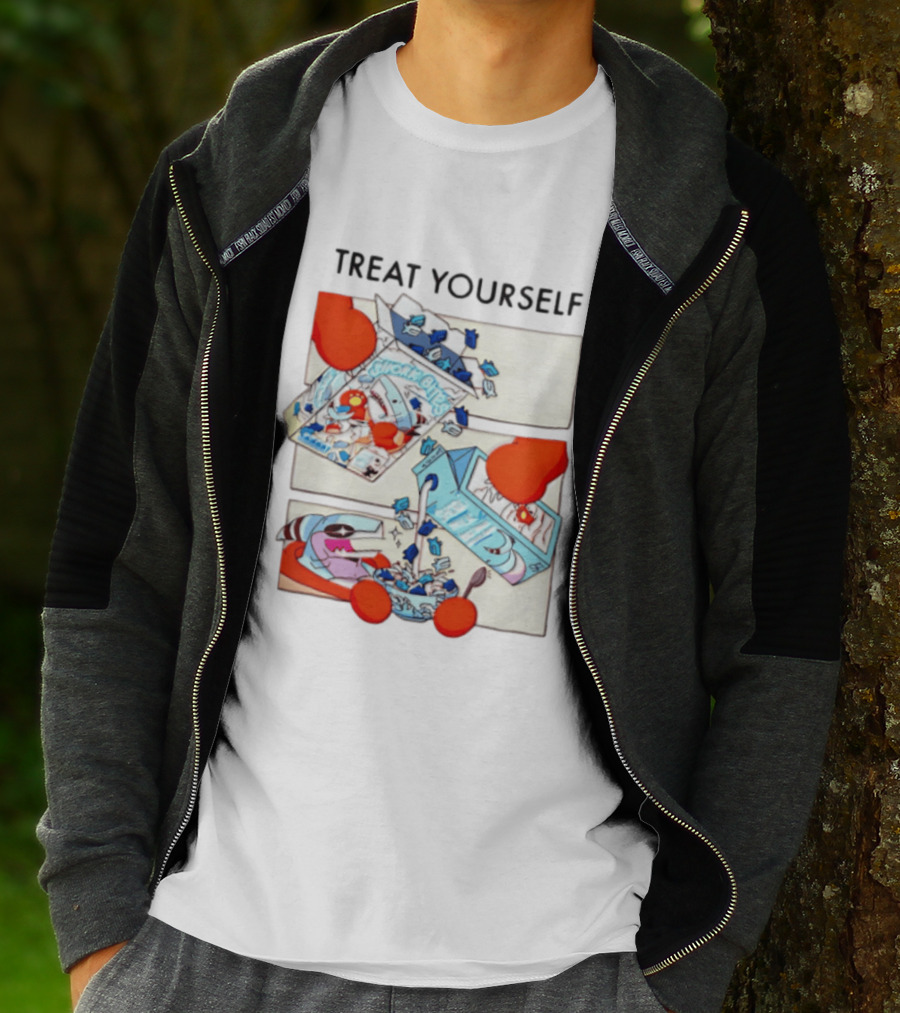 Treat Yourself Shork Bites Cereal Box Sharks Milk Breakfast Fun T-Shirt