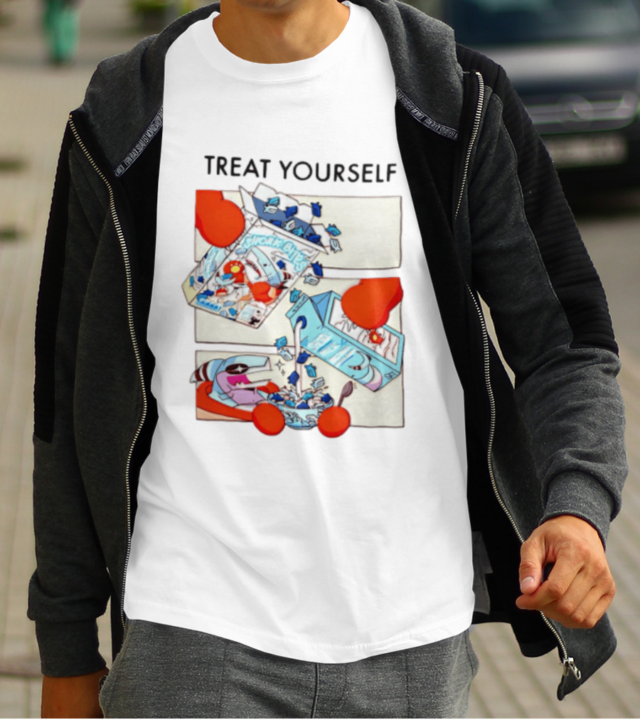 Treat Yourself Shork Bites Cereal Box Sharks Milk Breakfast Fun T-Shirt