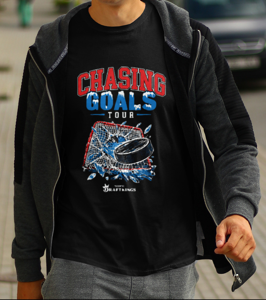 Chasing Goals Tour Hockey Net Puck Barstool Sports Spittin Chiclets T-Shirt