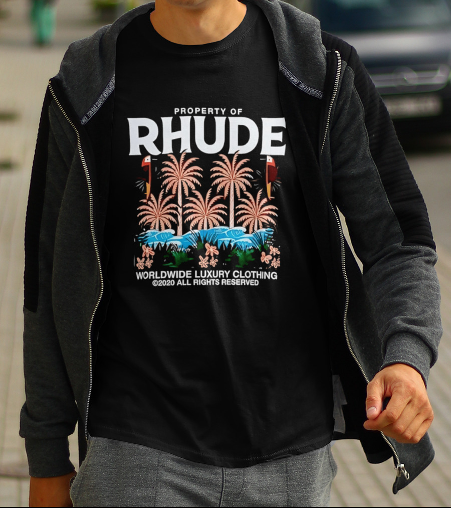 Property Of Rhude Worldwide Luxury Clothing Surfing Palm Trees Ocean Waves T-Shirt