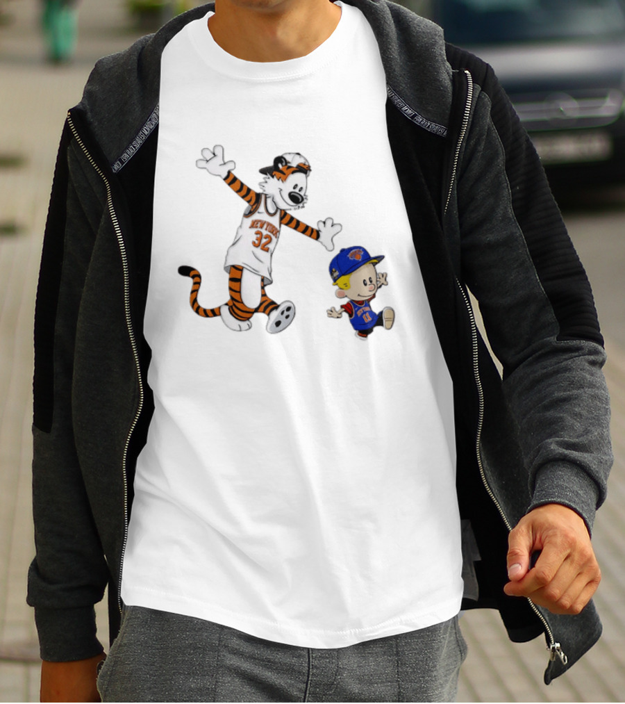 Calvin And Hobbes In New York Knicks NBA Jerseys With Classic Cartoon T-Shirt