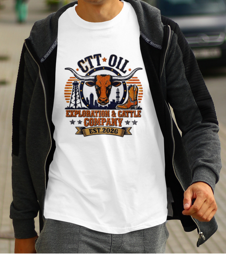 CTT Oil Exploration And Cattle Company Est. 2026 Bull Skull And Cowboy Boot Texans Collage T-Shirt