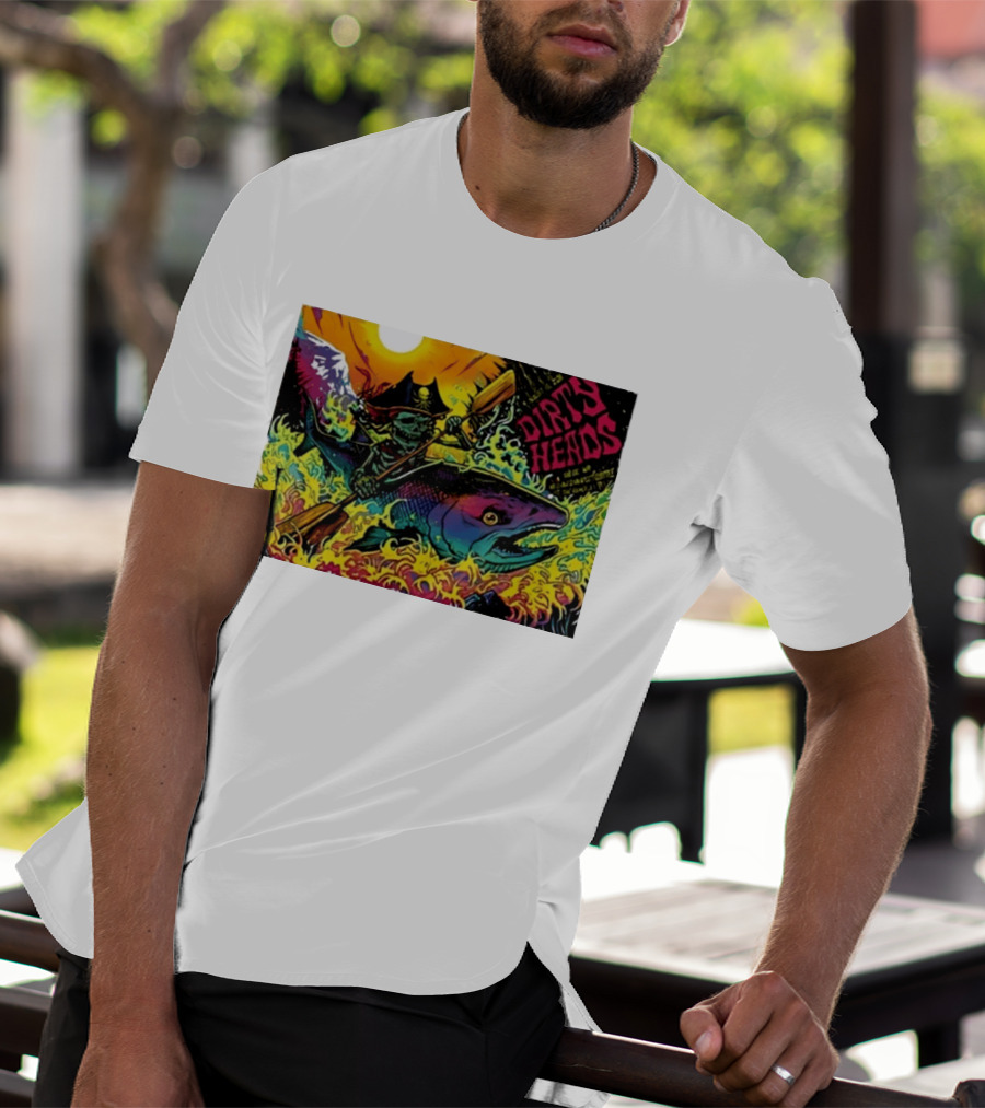 Dirty Heads Pirate Skeleton Kayaking Giant Fish Psychedelic Adventure T-Shirt