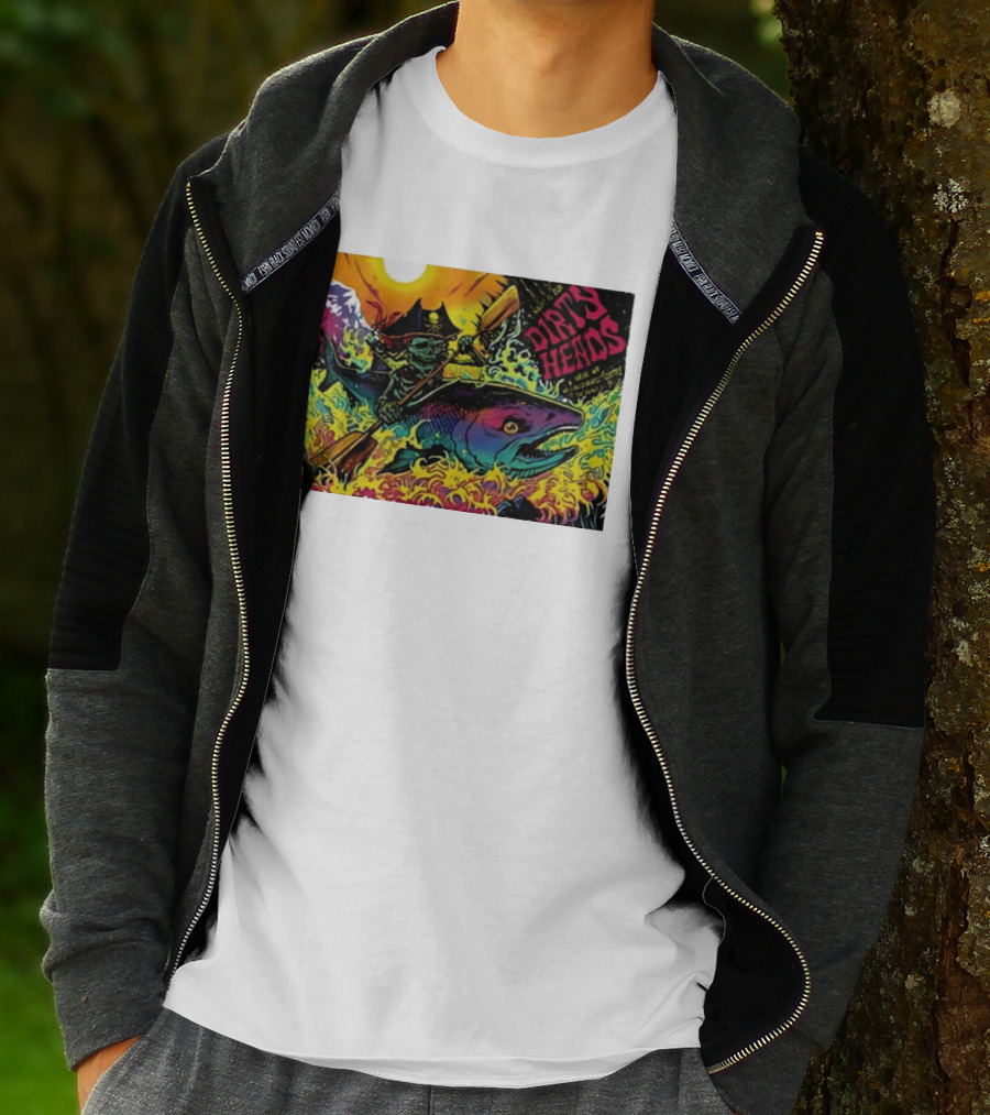Dirty Heads Pirate Skeleton Kayaking Giant Fish Psychedelic Adventure T-Shirt