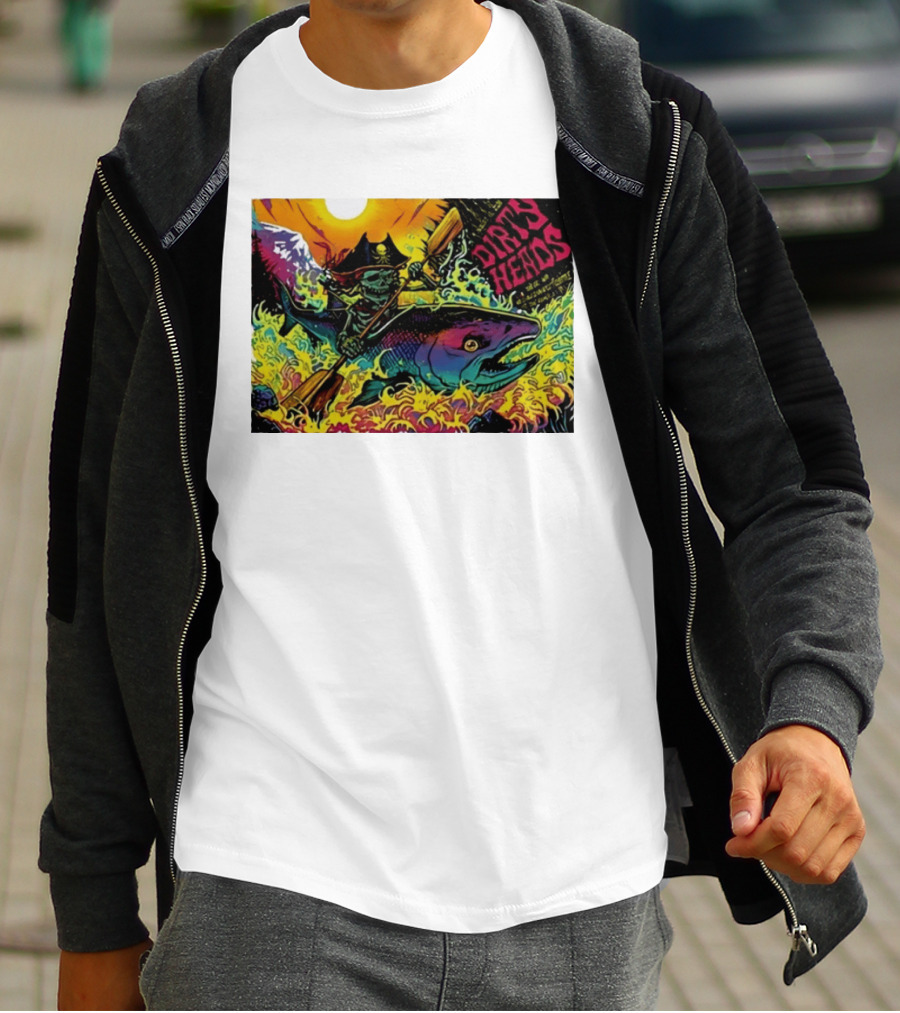 Dirty Heads Pirate Skeleton Kayaking Giant Fish Psychedelic Adventure T-Shirt