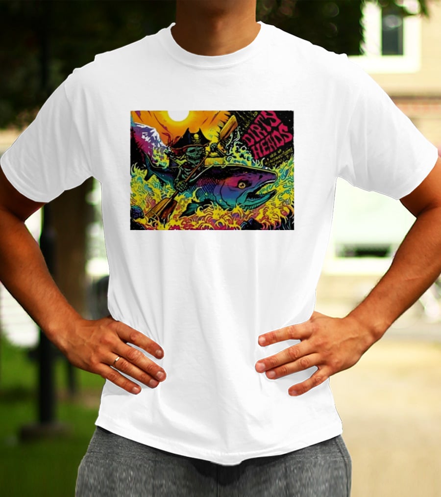 Dirty Heads Pirate Skeleton Kayaking Giant Fish Psychedelic Adventure T-Shirt